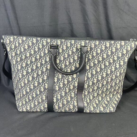 Christian Dior Oblique Canvas 48H Travel Duffle Bag Navy Blue with Shoulder Stra - Picture 3 of 11